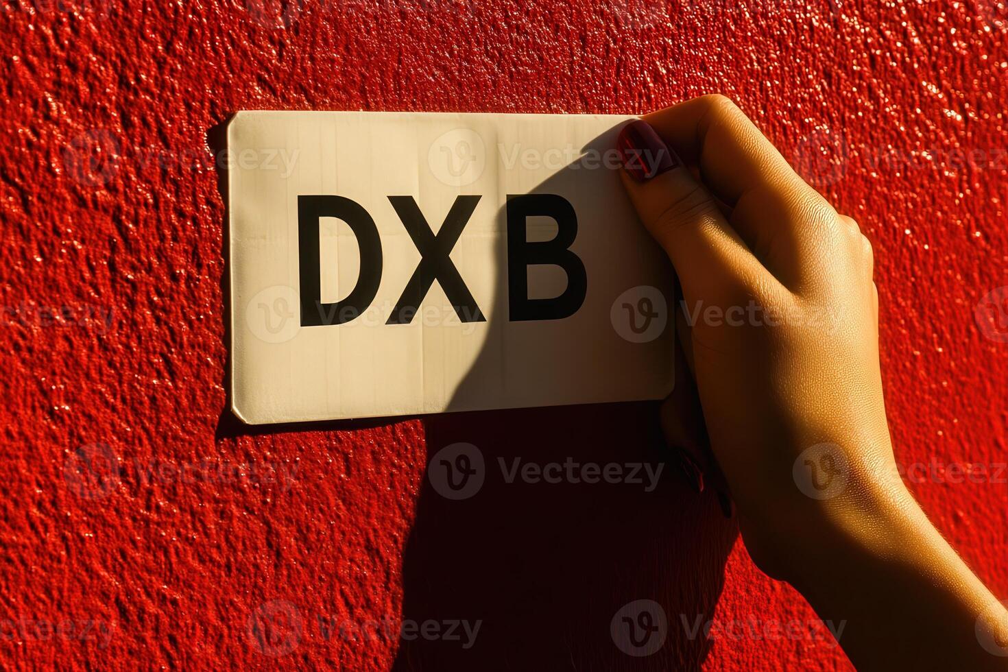 A hand grips a boarding pass, showcasing an airport code, set against a striking red background. Travel excitement fills the atmosphere. photo