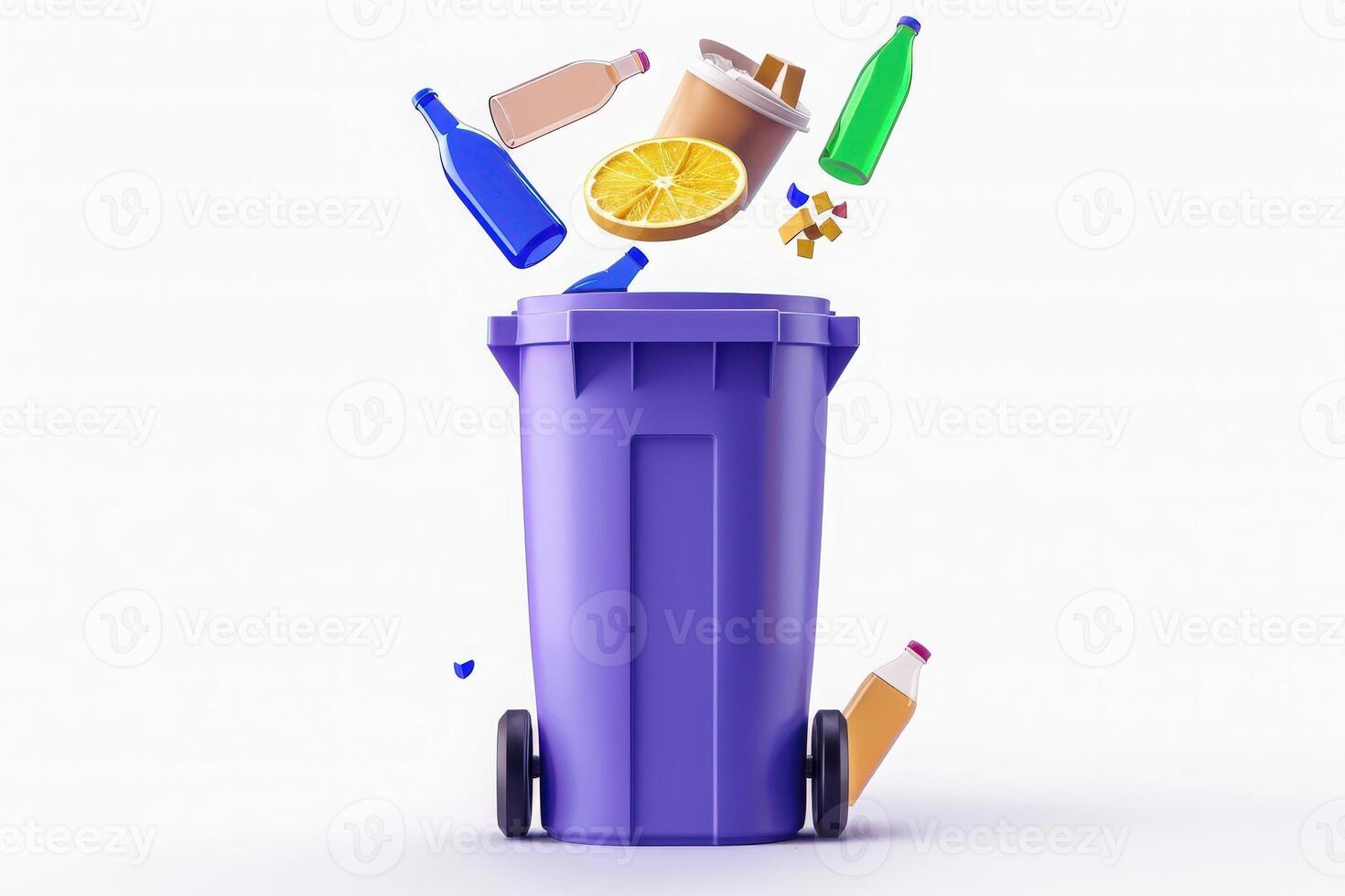 An isolated recycling bin displays floating, holographic recyclable items, including bottles and containers, in a clean, bright environment. photo