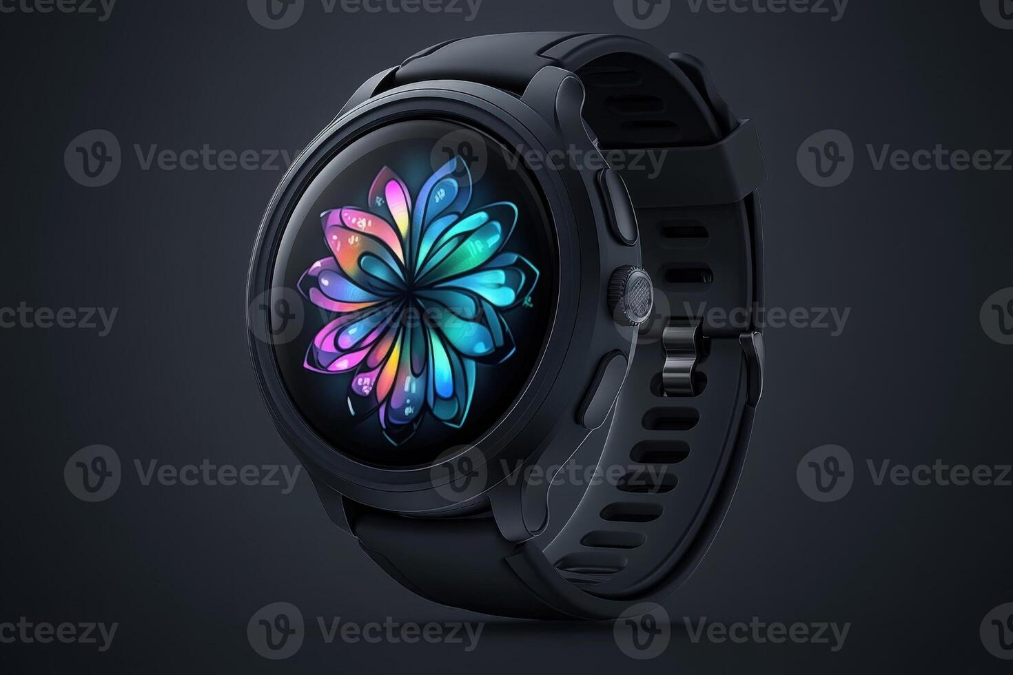 An elegant smartwatch showcases a colorful flower design, set against a chic dark backdrop, emphasizing its modern aesthetic. photo