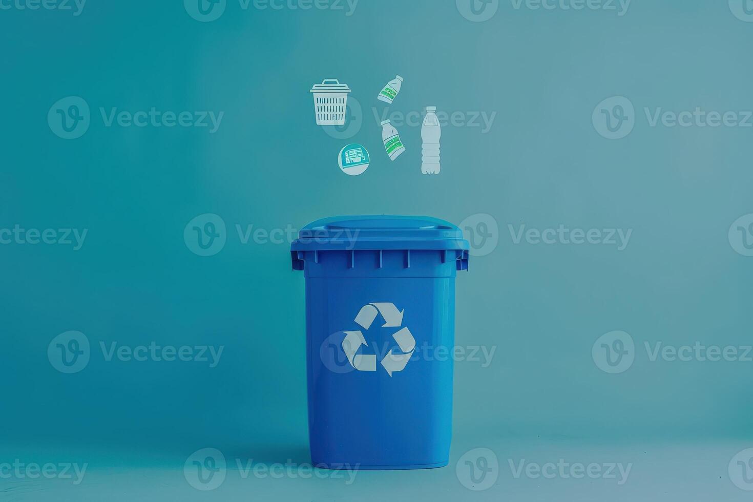 A vibrant blue recycling bin stands alone, showcasing holographic images of recyclable materials floating above it, encouraging eco-friendly practices. photo