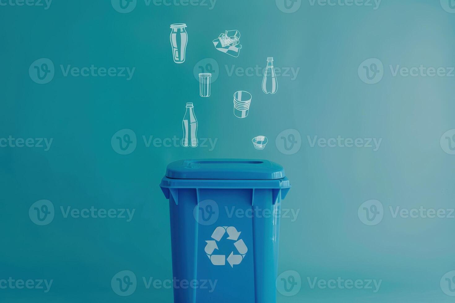A vibrant blue recycling bin captures attention with holographic images of various recyclable items floating above it. photo