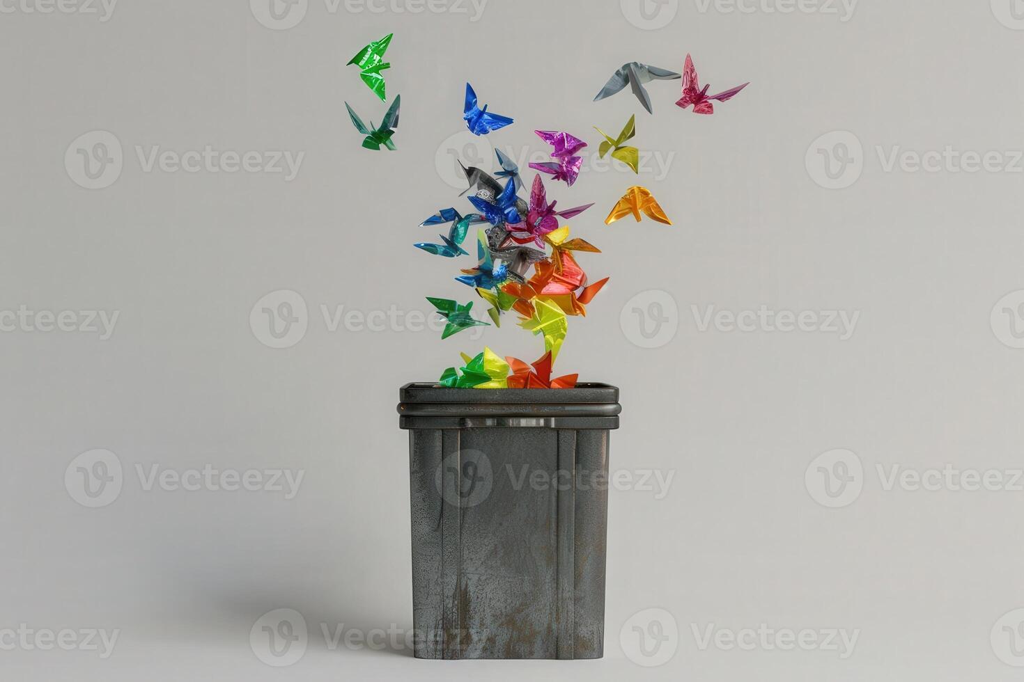An isolated recycling bin bursts with a flurry of colorful origami birds, creating a captivating display of art and recycling. photo