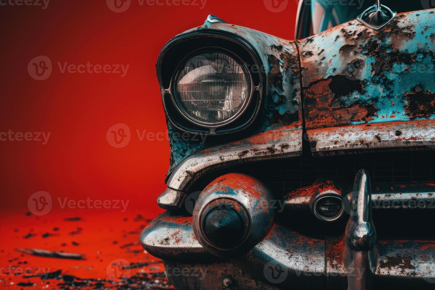 A weathered fender, showing signs of age and wear, rests against a bold red background, creating a striking visual contrast. photo