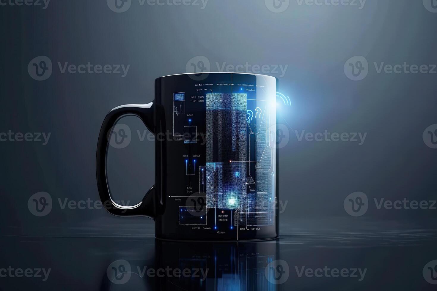 A sleek black coffee mug displays holographic designs, blending modern technology with everyday use, perfect for coffee lovers and tech enthusiasts. photo