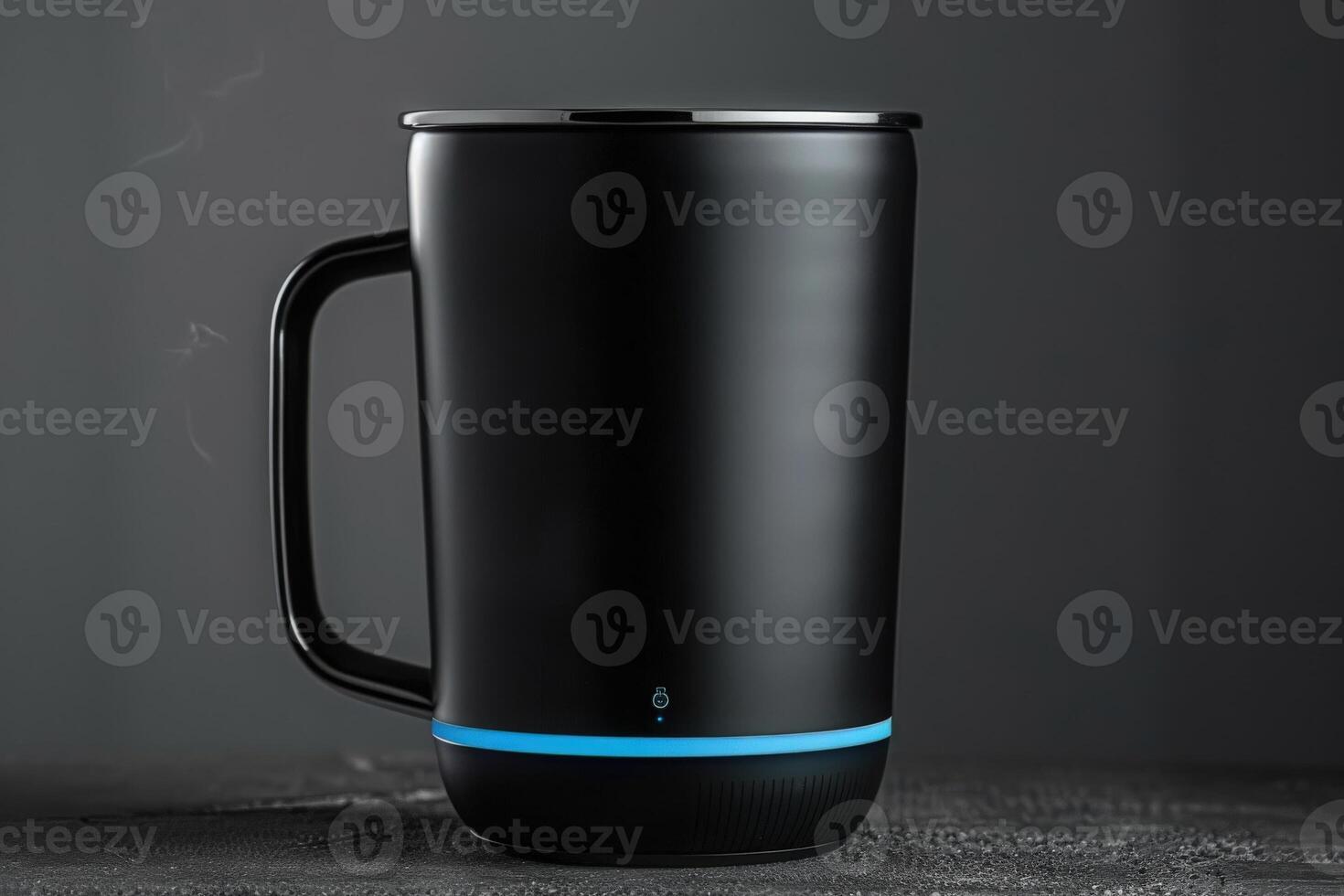 A striking black coffee mug featuring subtle glowing accents stands out against a dark backdrop, embodying modern elegance. photo