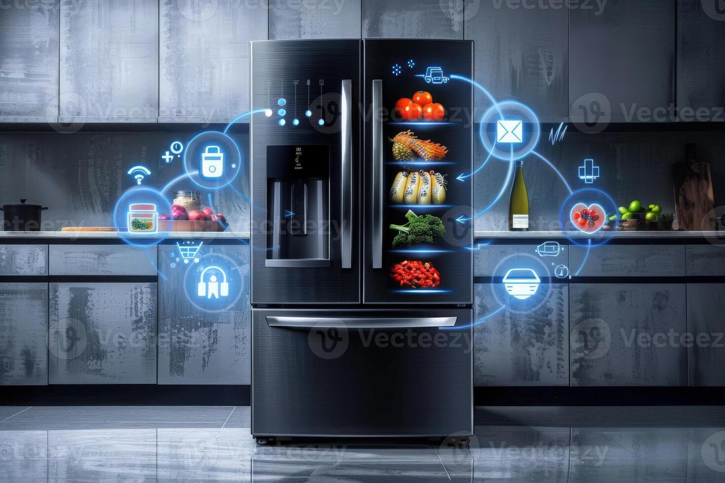 A futuristic refrigerator door displays holographic icons while showcasing fresh produce in a stylish kitchen. The environment blends innovation with culinary freshness. photo