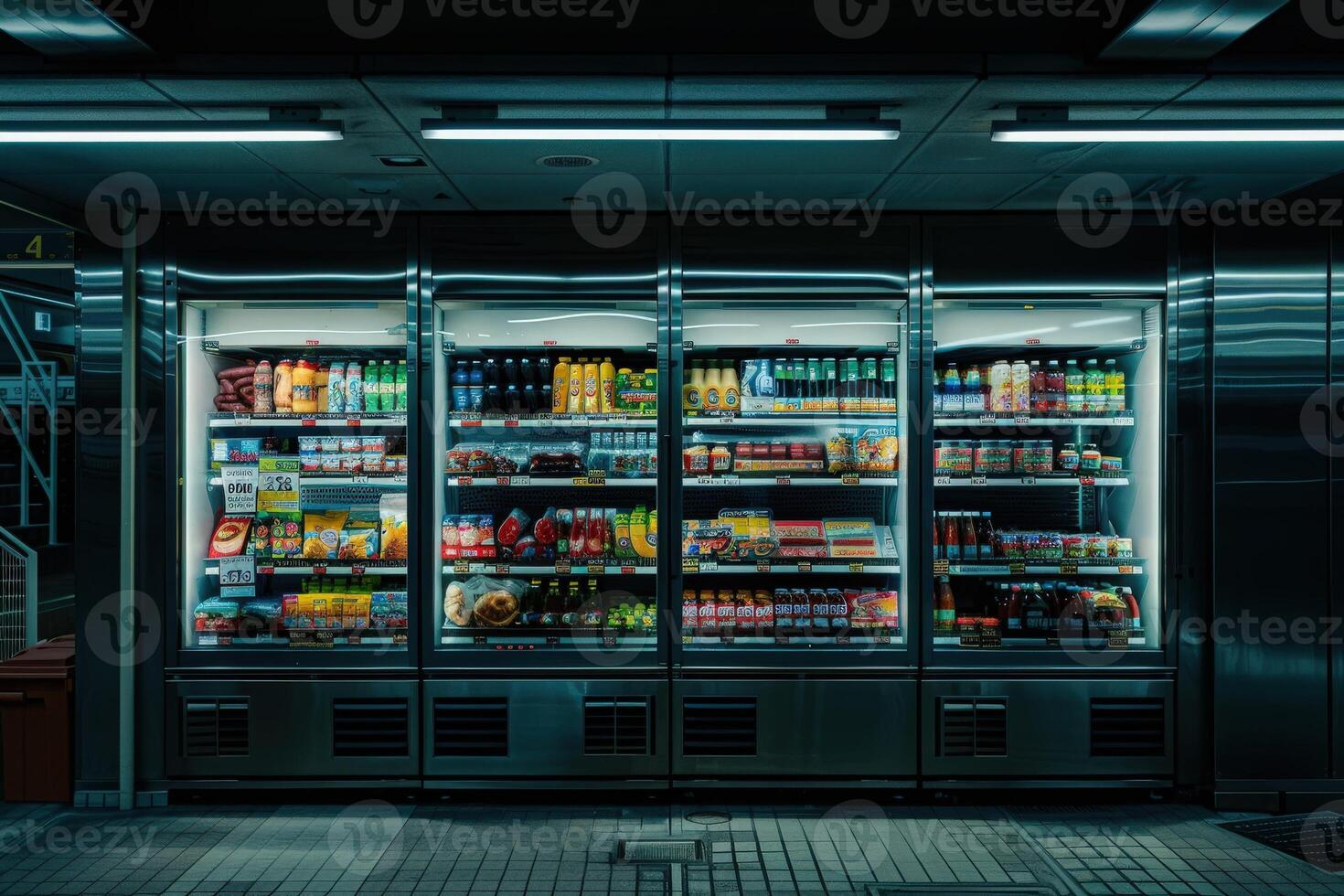A smart refrigerator door features a captivating holographic display, illuminating the sleek modern surroundings with vibrant colors. photo