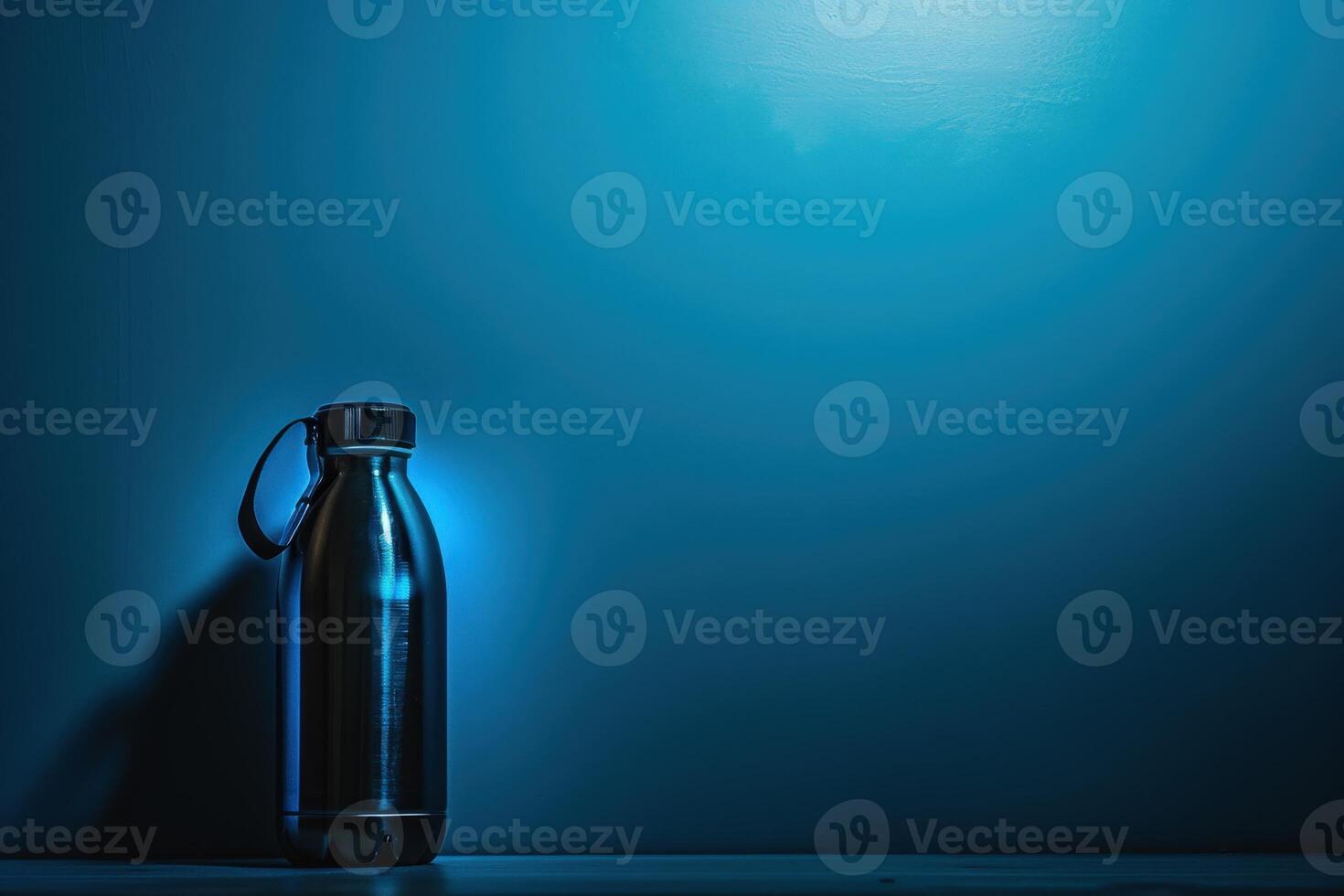 An elegant water bottle stands alone, reflecting light in a striking holographic display amidst a tranquil blue environment. photo