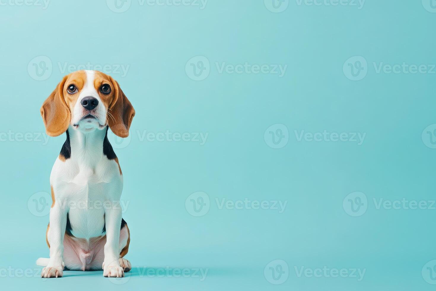 A beagle sits attentively on a smooth, vibrant blue background, showcasing its playful yet gentle demeanor. photo