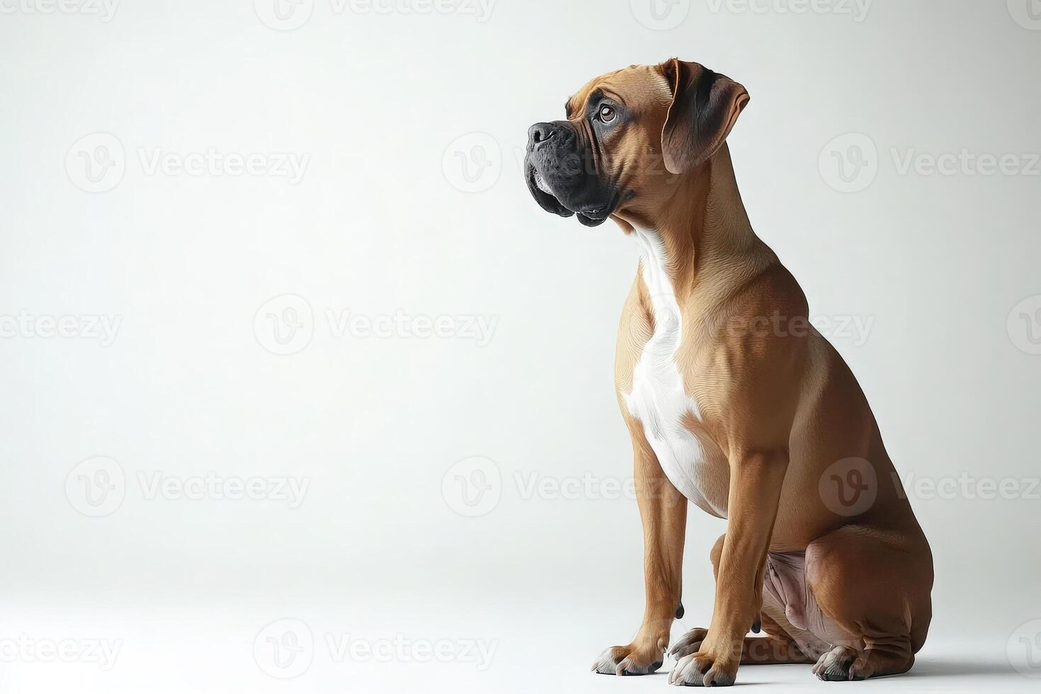 A boxer dog stands elegantly, showcasing its strong physique and expressive eyes, creating a striking contrast against the simple background. photo