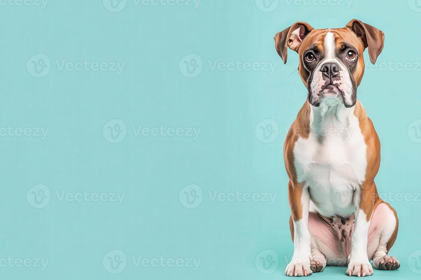 A cheerful boxer dog sits calmly against a vibrant solid background, showcasing its playful nature and expressive features. photo