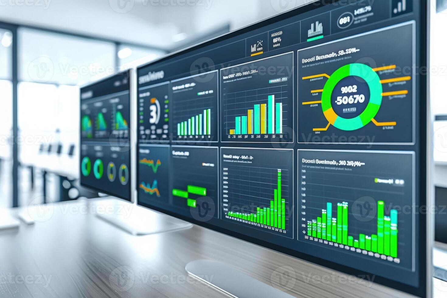 Advanced analytics and colorful graphs showcase the capabilities of effective CRM automation in a contemporary office. photo