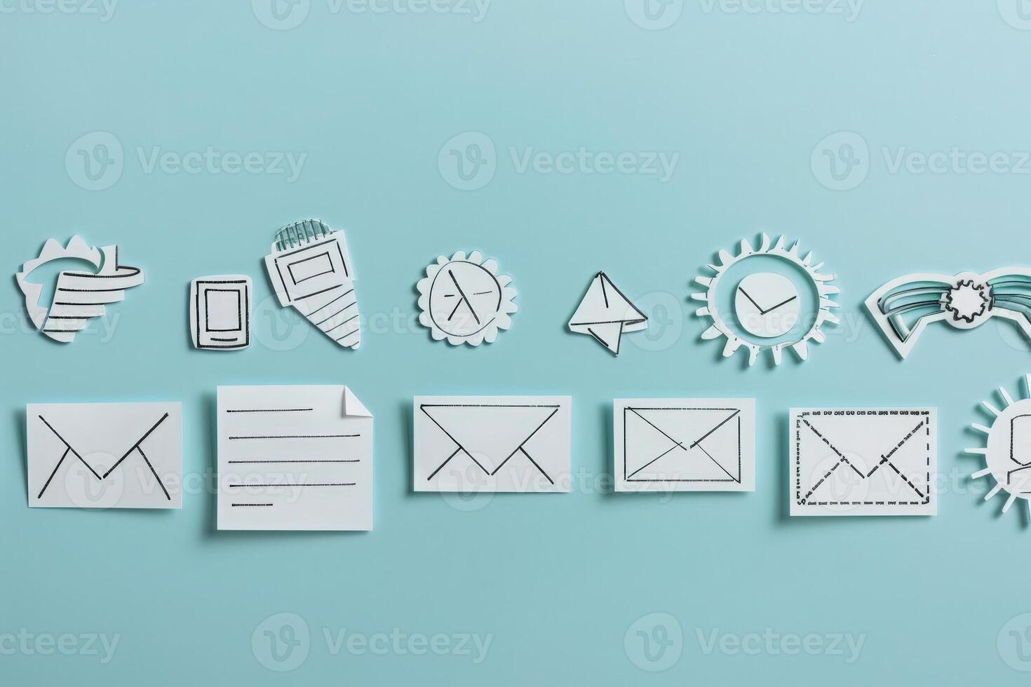A collection of unique CRM icons and symbols arranged artistically against a solid background, showcasing communication elements and productivity tools. photo