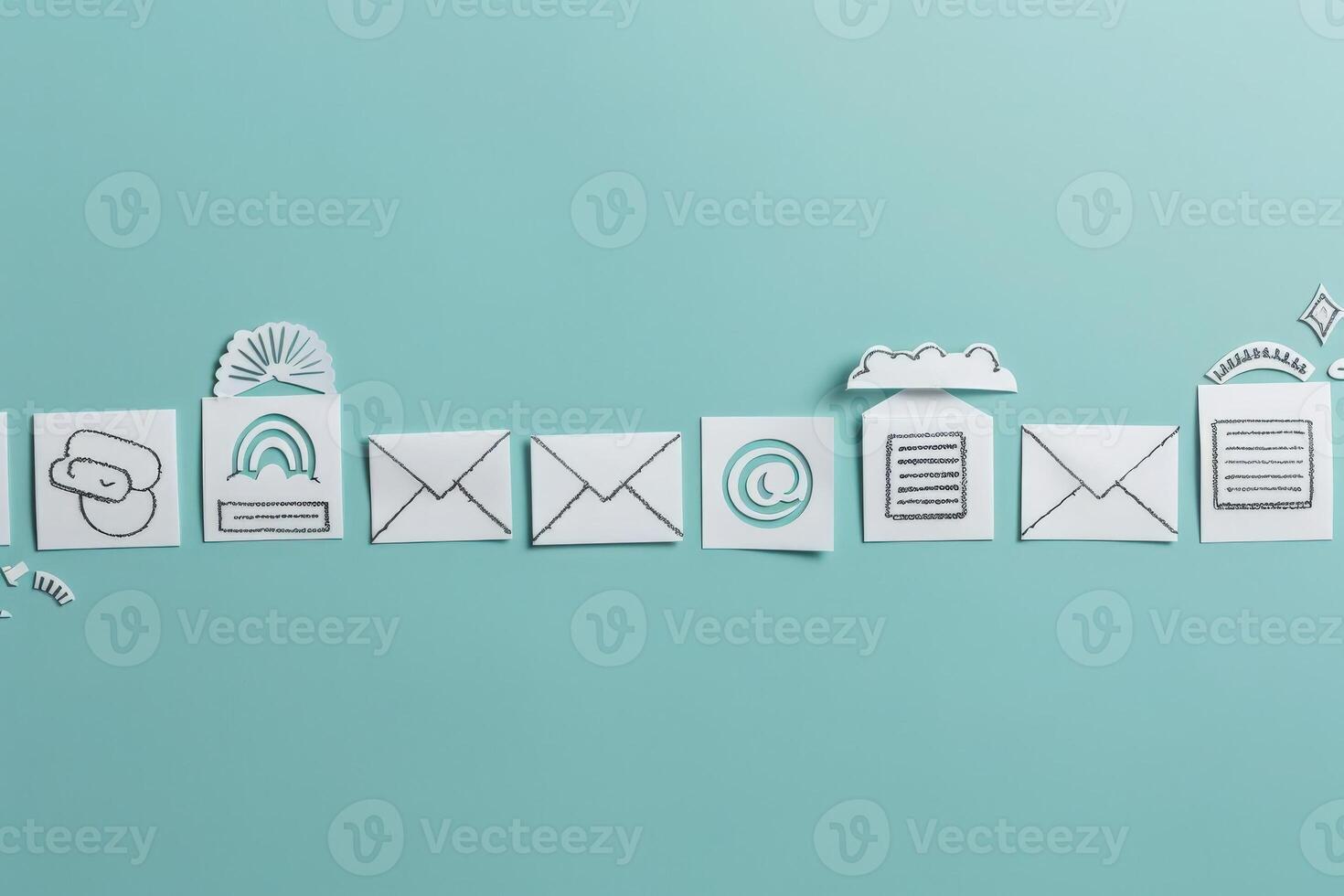 Artistic arrangement of unique CRM icons and symbols, crafted from paper, displayed against a calming solid background. photo