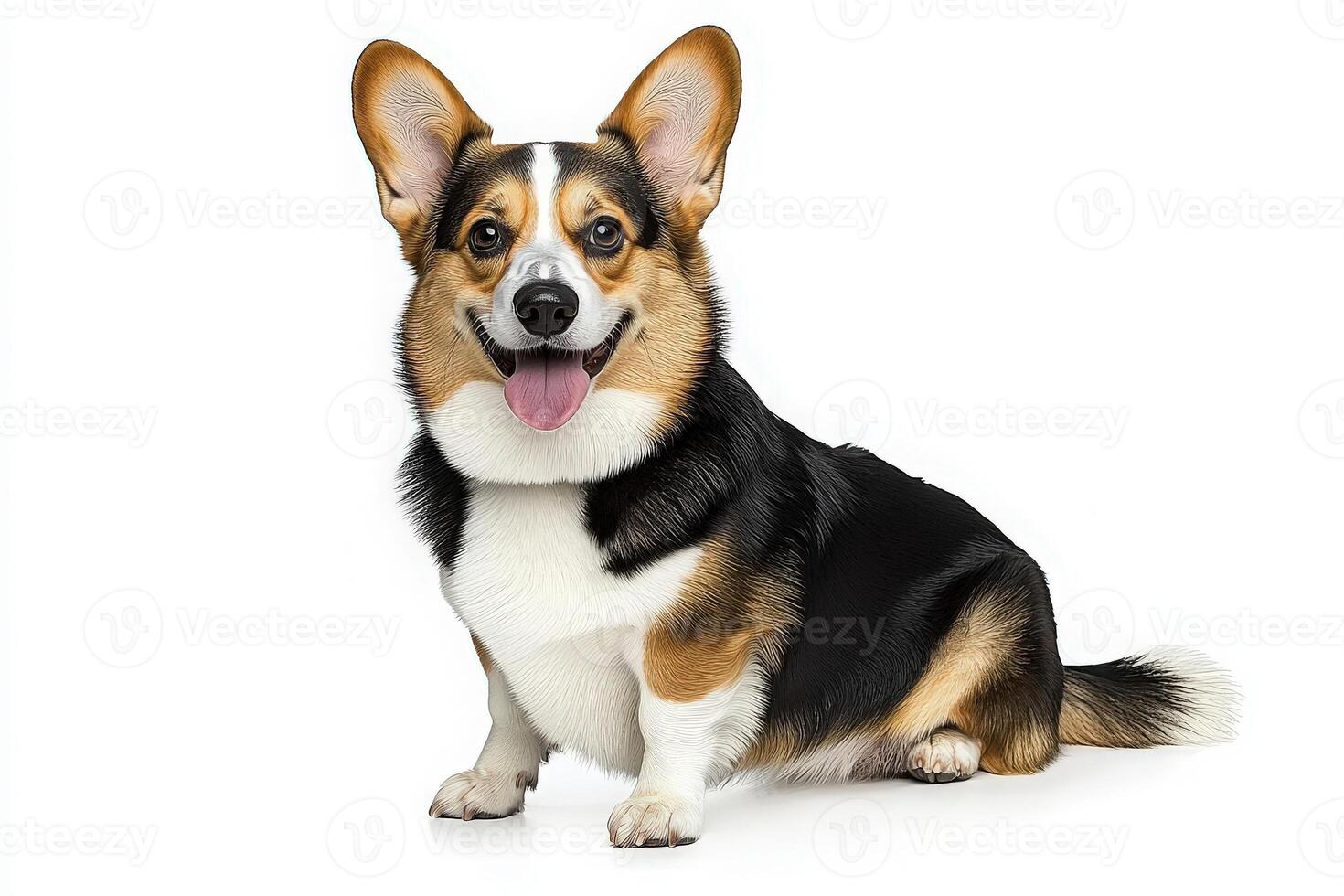 A cheerful Corgi sits on a clean background, showcasing its playful demeanor and adorable features. photo