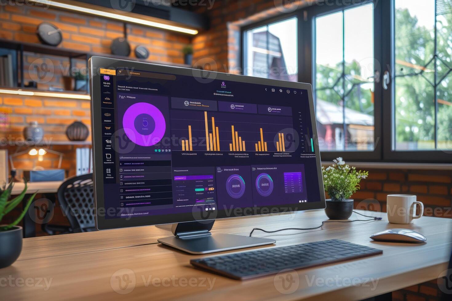 A sleek CRM software interface is showcased on a modern desktop, highlighting data visualization and user-friendly design in a well-lit workspace. photo