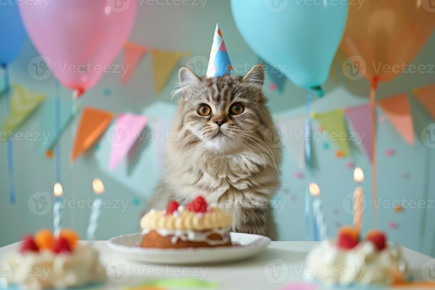 A fluffy cat dons a party hat, seated among birthday cakes and vibrant balloons, enjoying a joyful celebration with candles and decorations. photo
