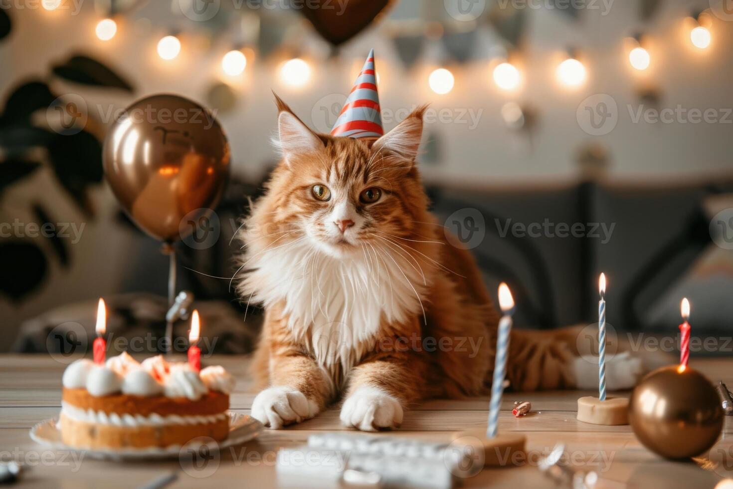 A fluffy cat dons a festive party hat as it enjoys a birthday celebration, surrounded by cake, balloons, and soft candlelight. photo