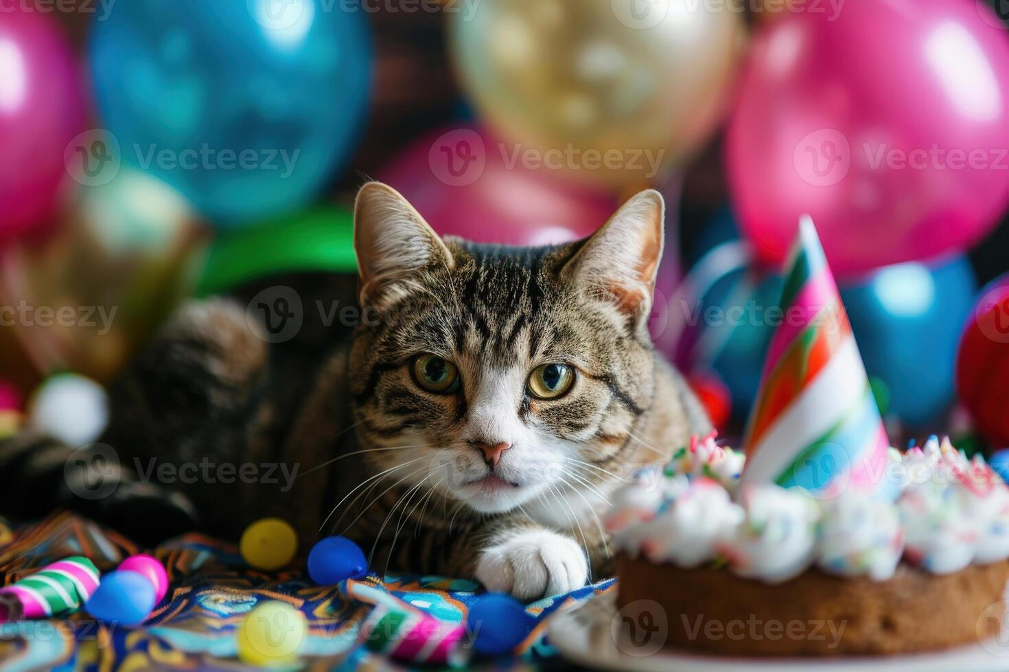 A playful cat lounges at a vibrant birthday celebration, complete with balloons and a tempting cake decorated with frosting. photo