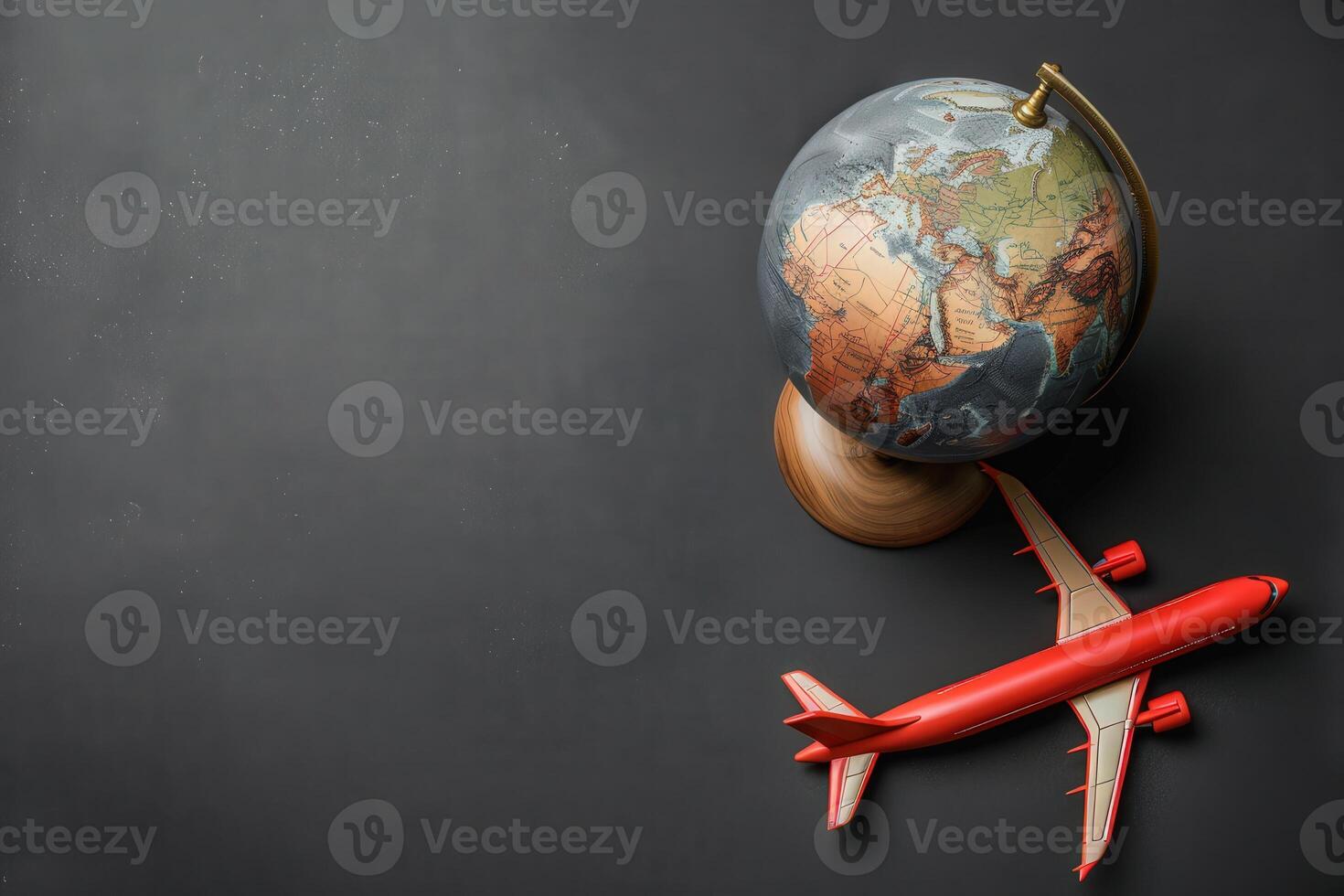 A vibrant red airplane sits alongside a detailed globe, symbolizing the spirit of adventure and global exploration against a sleek, solid background. photo