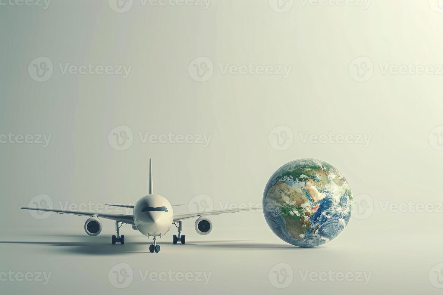 A sleek airplane model is positioned next to a colorful globe, symbolizing travel and exploration against a clean backdrop. photo