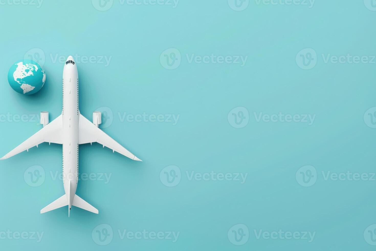 A detailed airplane model sits next to a globe, symbolizing the adventure of global exploration against a calming backdrop. photo