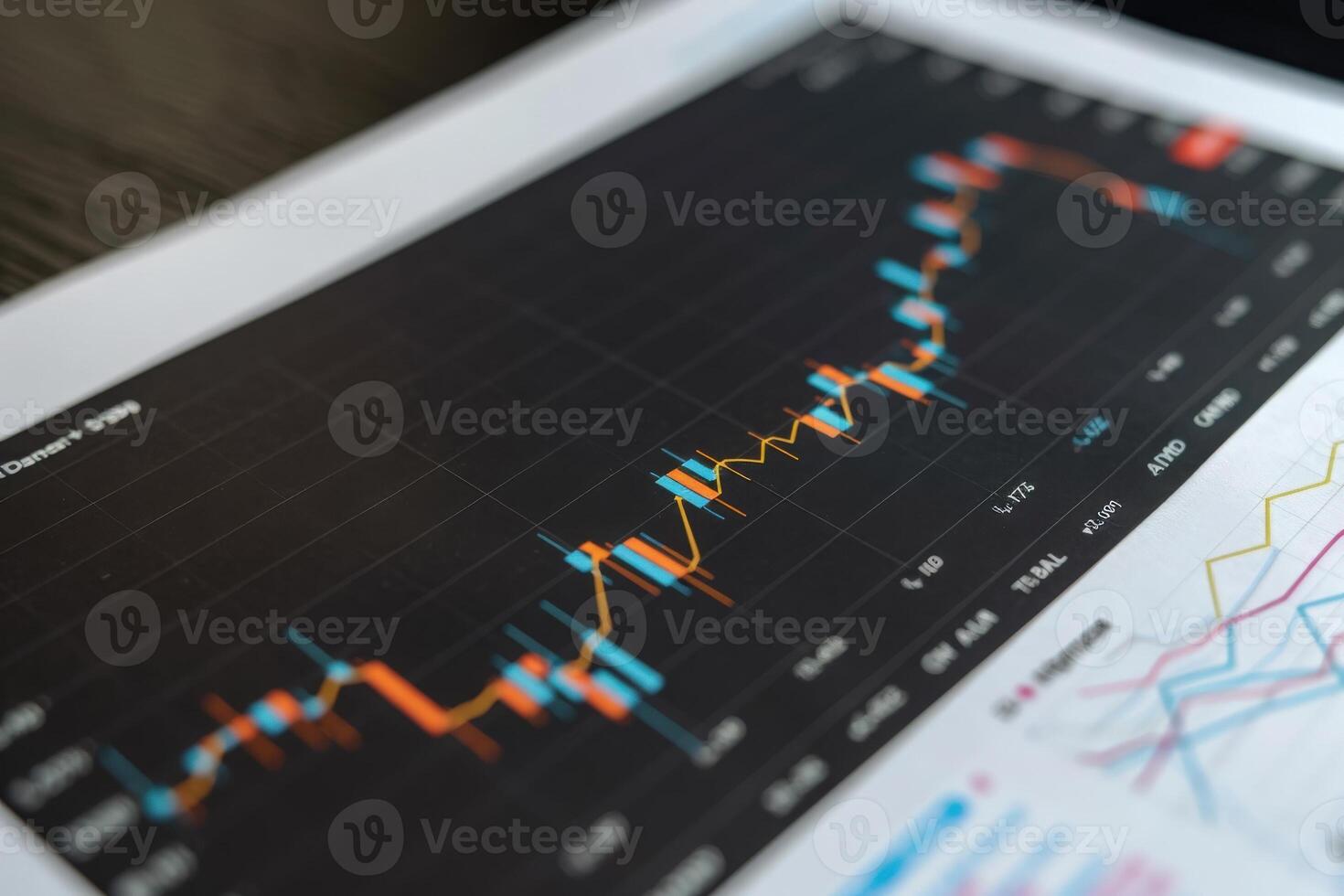 A detailed analytics chart portrays fluctuating data trends, illustrating performance metrics with vibrant colors against a minimalist background. photo