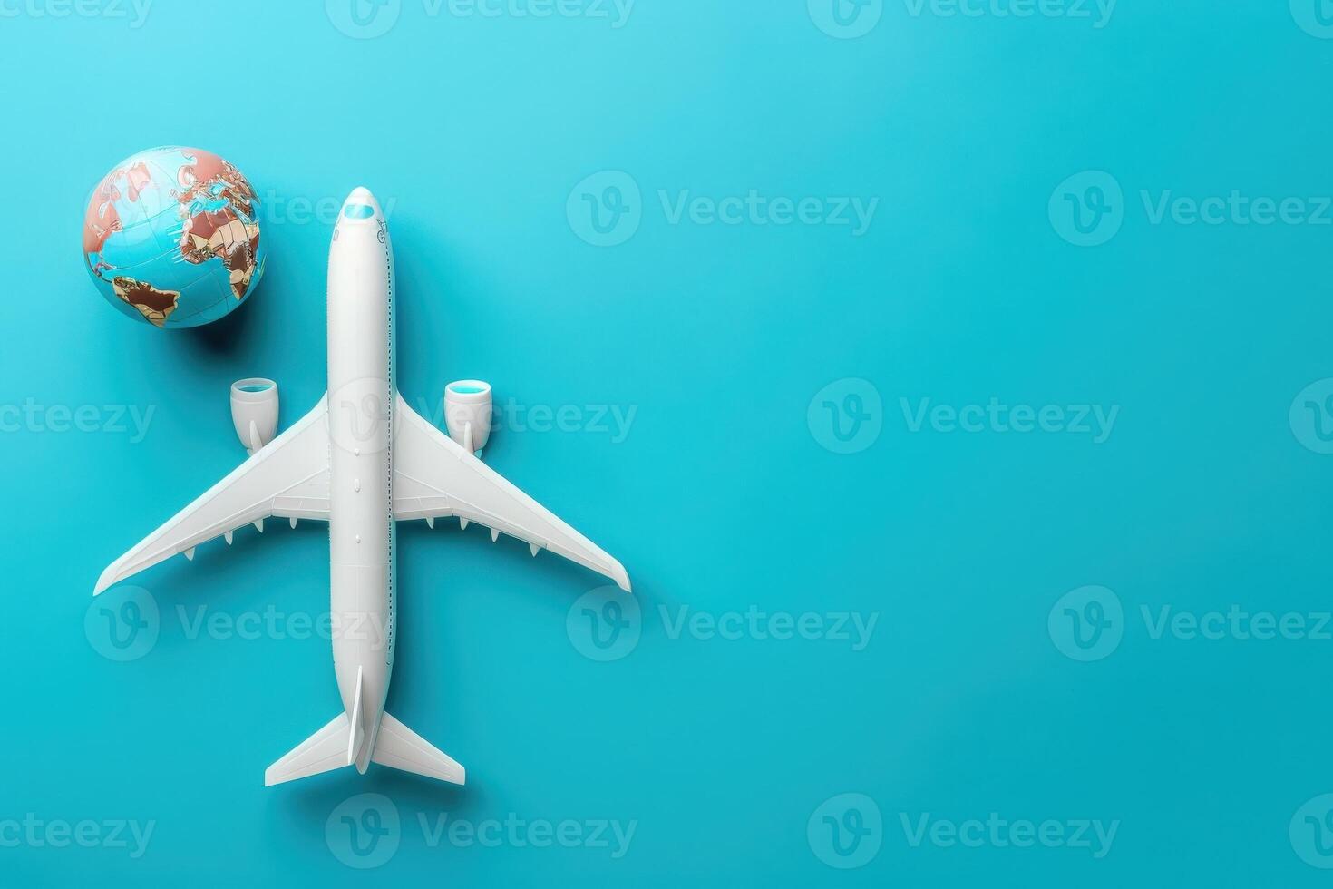 A sleek model airplane sits alongside a globe, symbolizing adventure and global travel against a bright turquoise background. photo