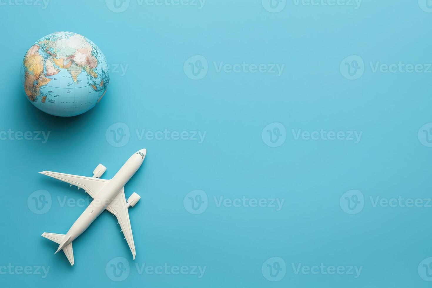 A model airplane rests next to a globe, symbolizing adventure and exploration against a clean blue background. photo