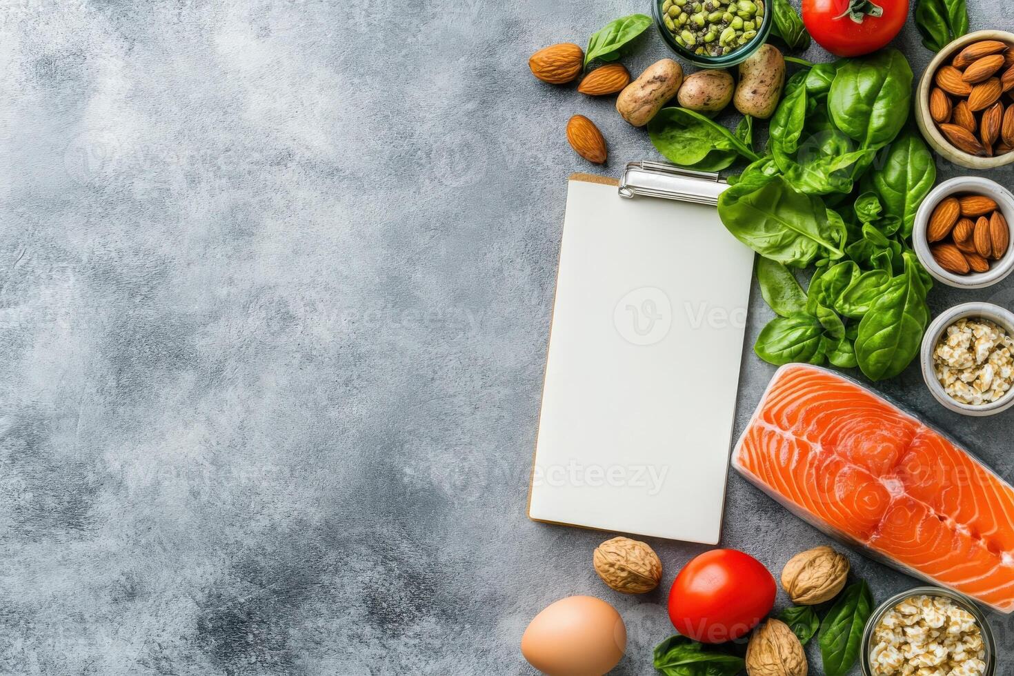 A well-organized display featuring fresh vegetables, nuts, fish, and a blank notepad for dietary planning, set against a clean solid background. photo