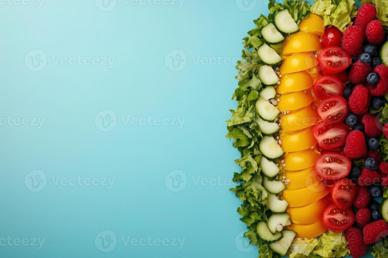 An artistic display of vibrant fruits and vegetables creates a stunning visual feast, highlighting a healthy, balanced diet. photo