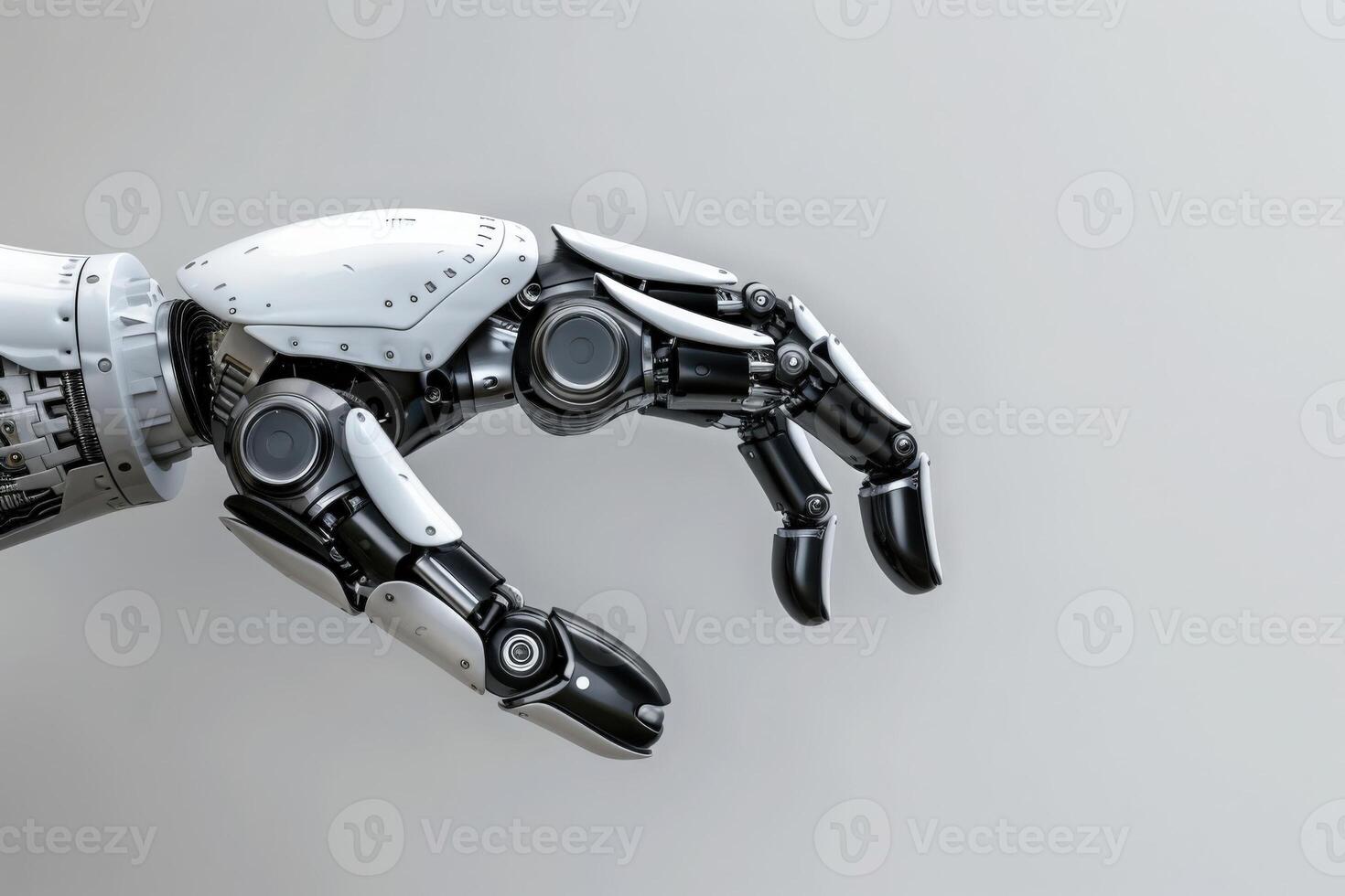A sleek robotic hand reaches gracefully, showcasing advanced design and technology in automation, set against a minimalist backdrop. photo