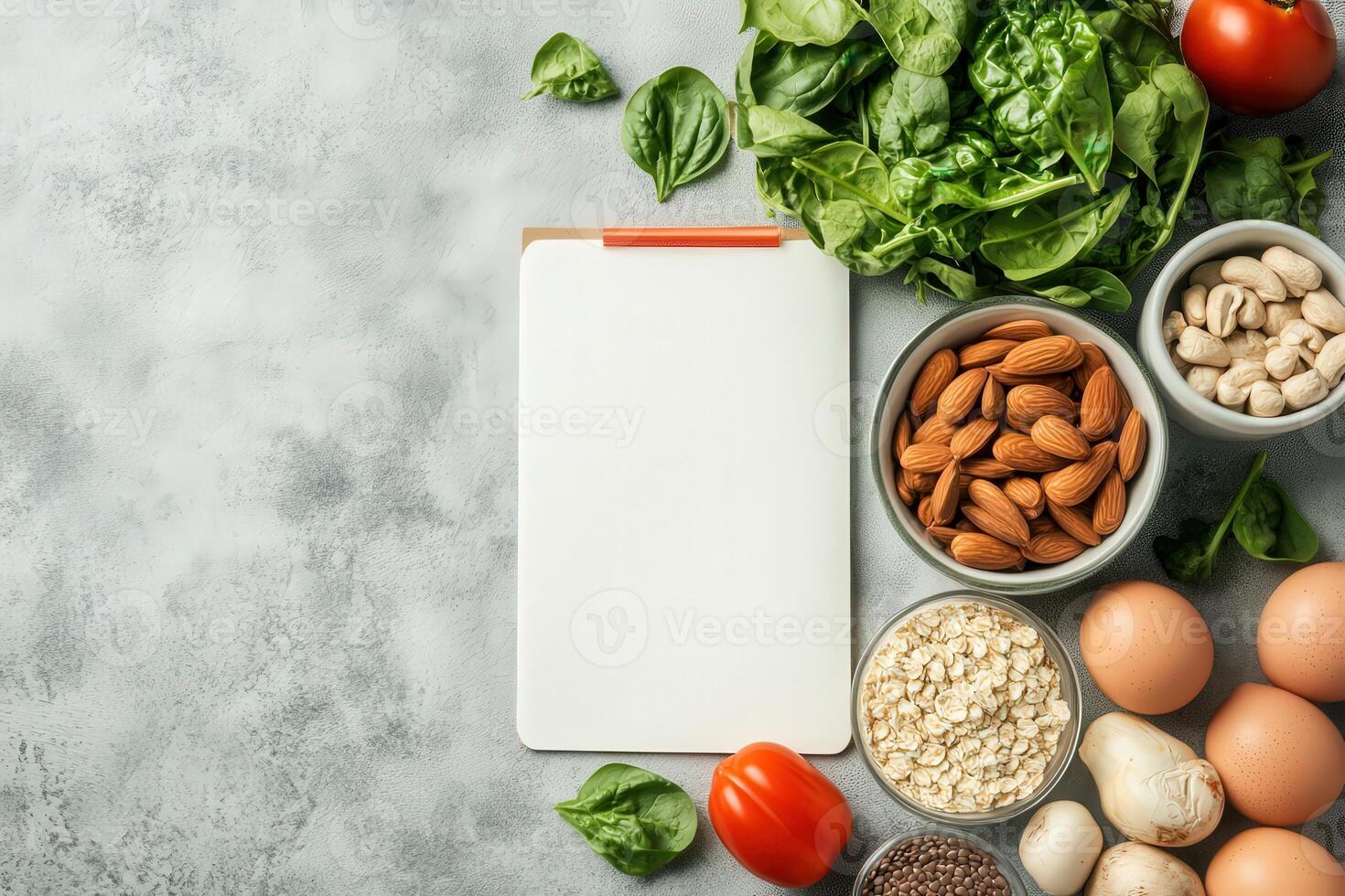 A variety of healthy ingredients including greens, nuts, grains, and vegetables arranged alongside a blank notepad, ready for meal planning. photo