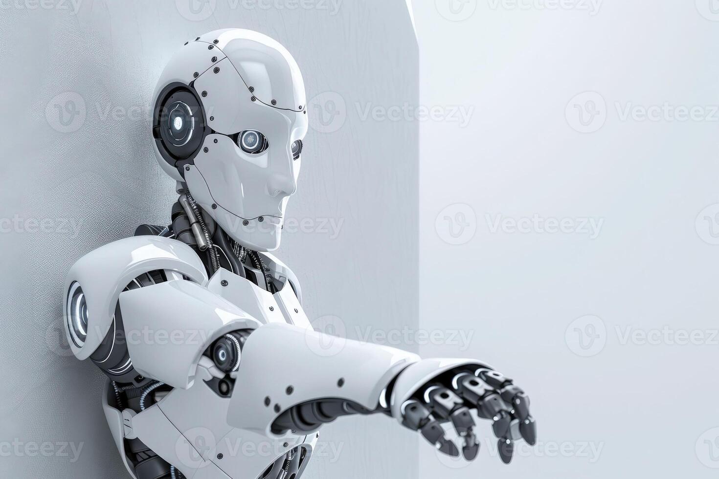A humanoid robot extends its arm, symbolizing the integration of technology and business processes in a modern workspace. photo