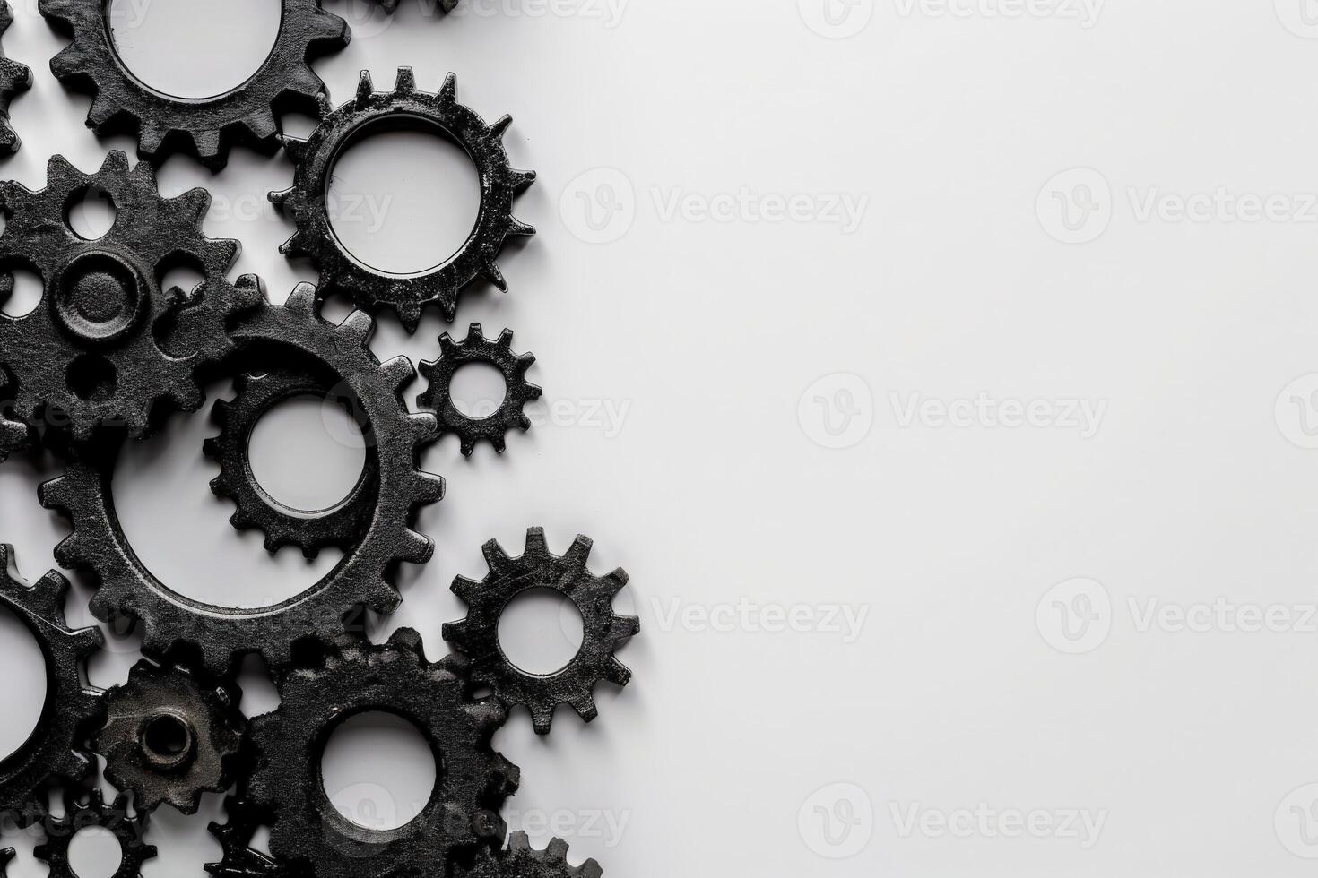 An assortment of black gears is creatively displayed on a pristine background, representing efficiency and the mechanics of automation. photo