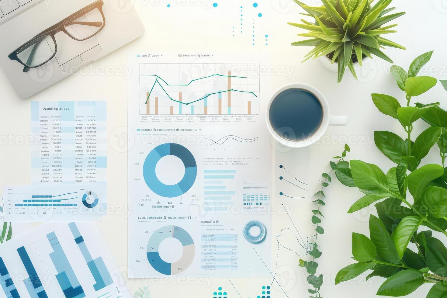 A workspace showcases detailed data charts alongside a potted plant, coffee cup, and eyeglasses, symbolizing productivity and analysis. photo