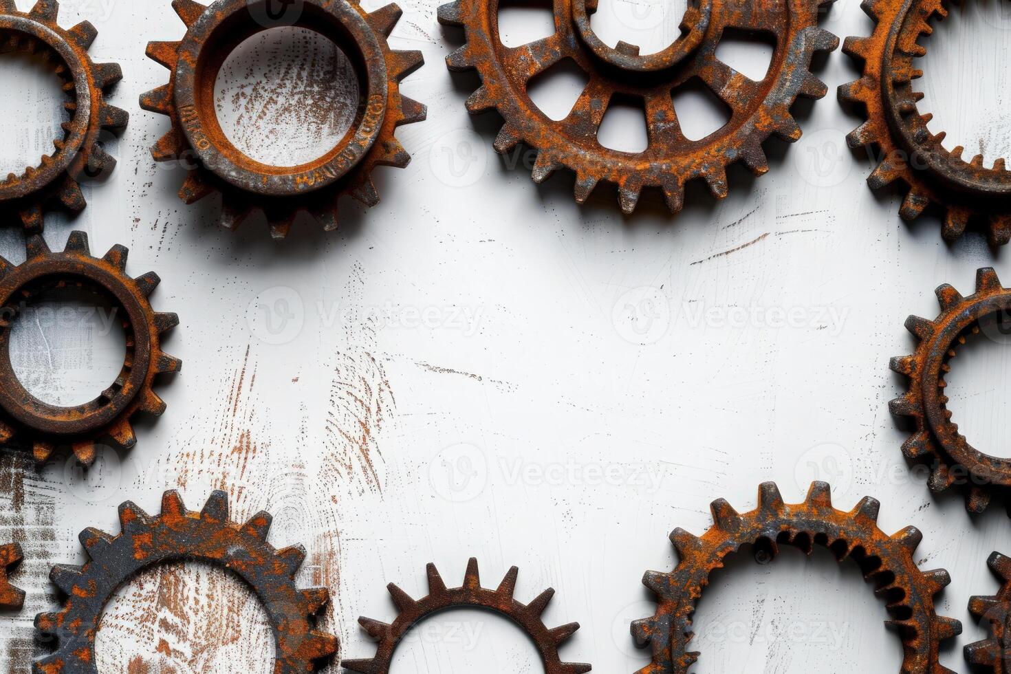 Various rusty gears arranged artfully on a clean solid background, showcasing the intersection of industry and design. photo