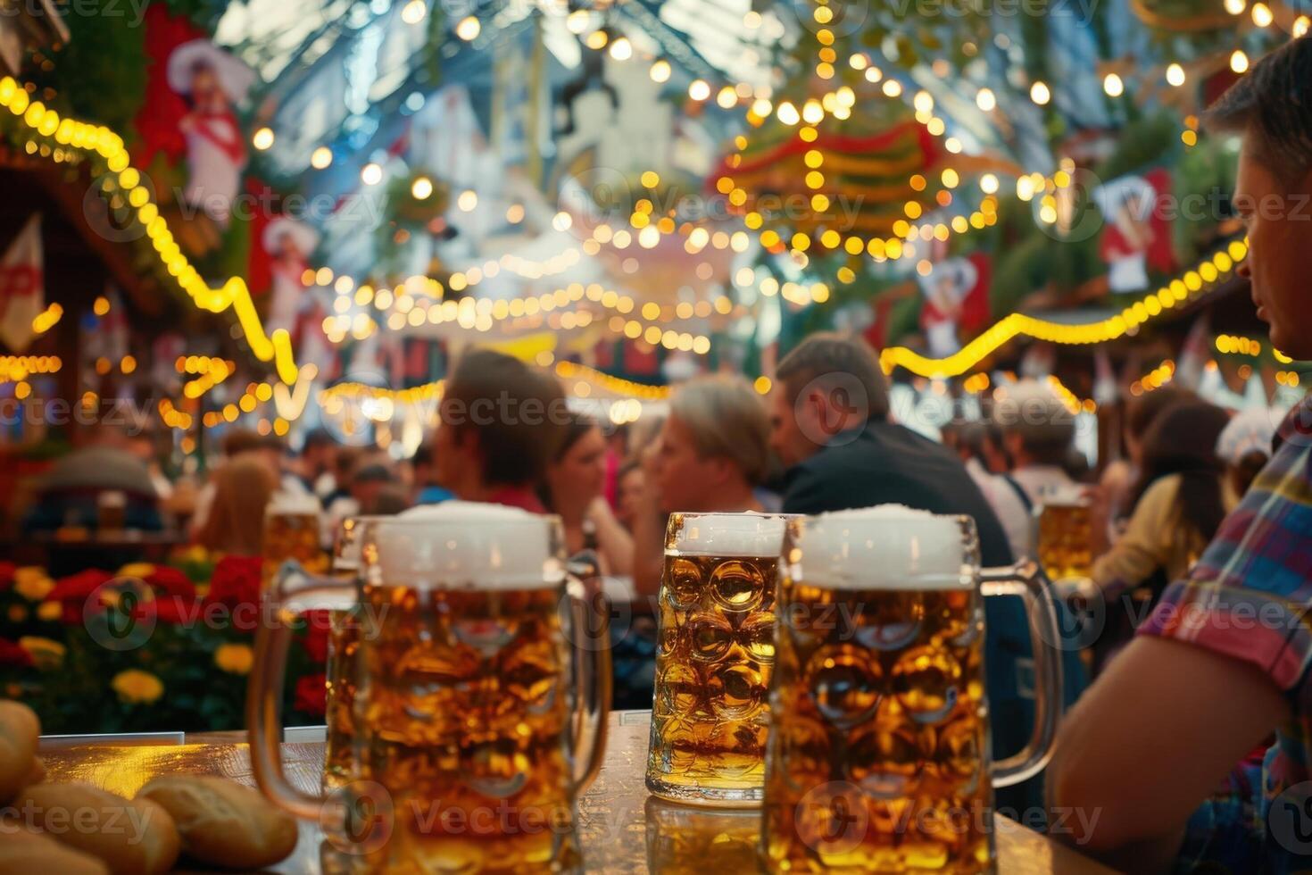Under twinkling lights, guests enjoy lively conversations alongside frothy beer mugs and warm pretzels at Oktoberfest. photo