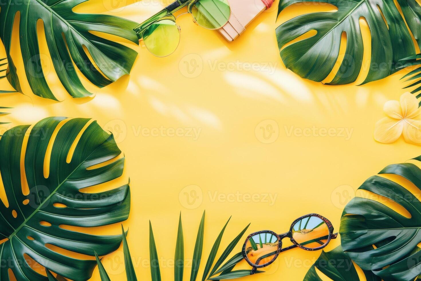 Bright green leaves and stylish sunglasses create a tropical atmosphere, inviting relaxation and adventure under the sun. photo