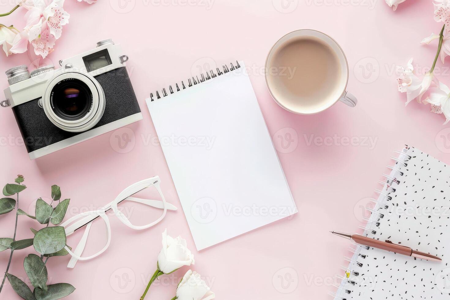A cozy arrangement featuring a vintage camera, a blank journal, a steaming cup, and delicate flowers invites creativity and exploration. photo