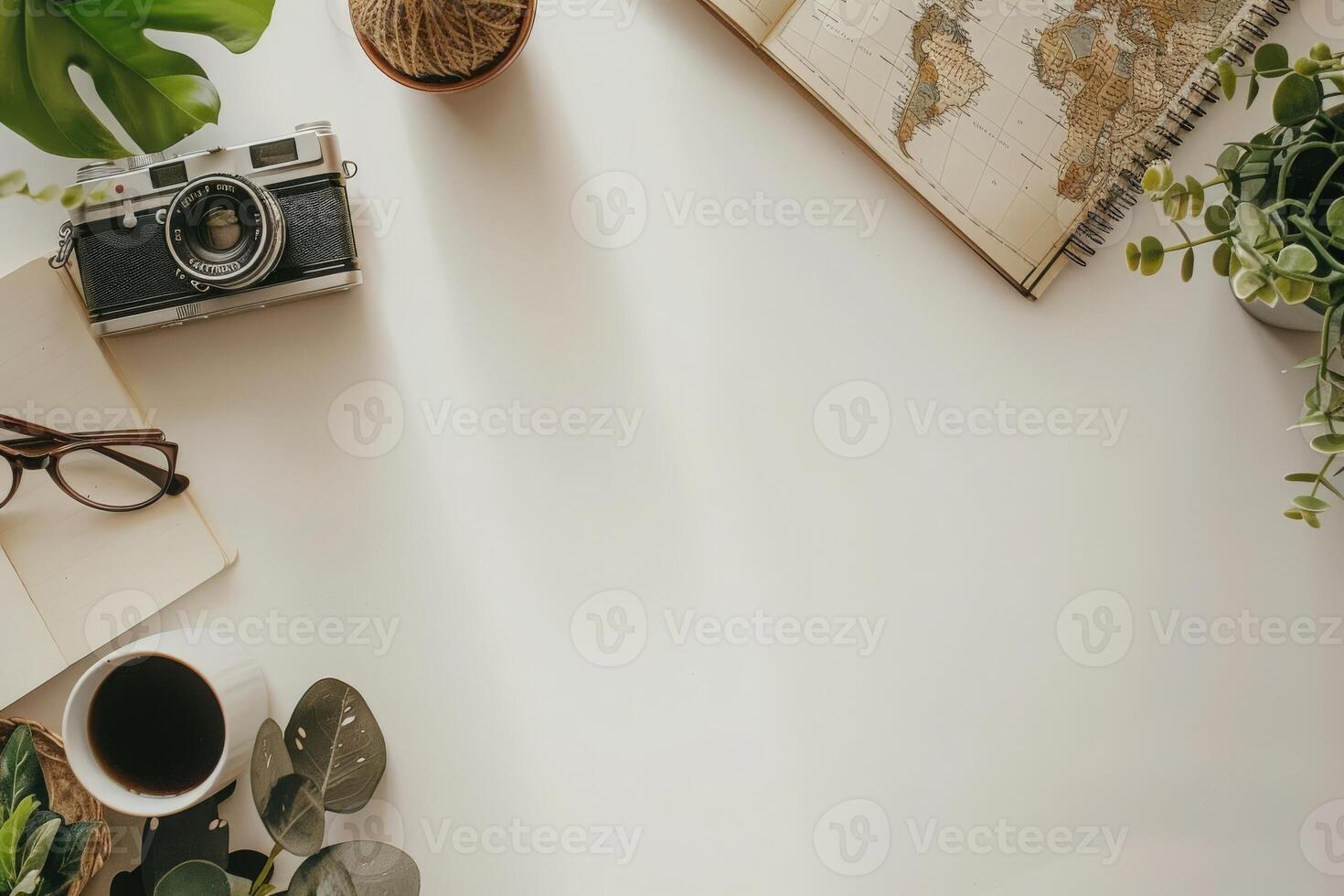 A serene workspace showcases a vintage camera beside a world map, accompanied by a journal, coffee, and fresh plants, inviting exploration and creativity. photo