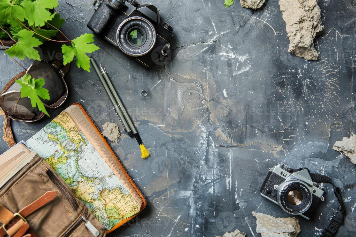 A travel journal lays open beside vintage cameras, pens, and sunglasses, surrounded by natural elements, inviting adventure and exploration. photo