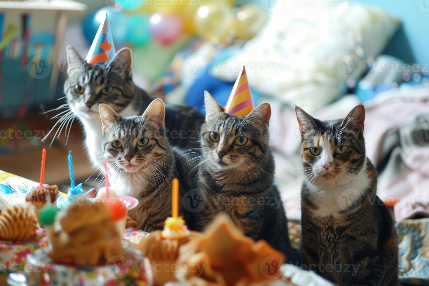 Four adorable cats join in the fun at a vibrant birthday party, surrounded by treats and decorations. photo
