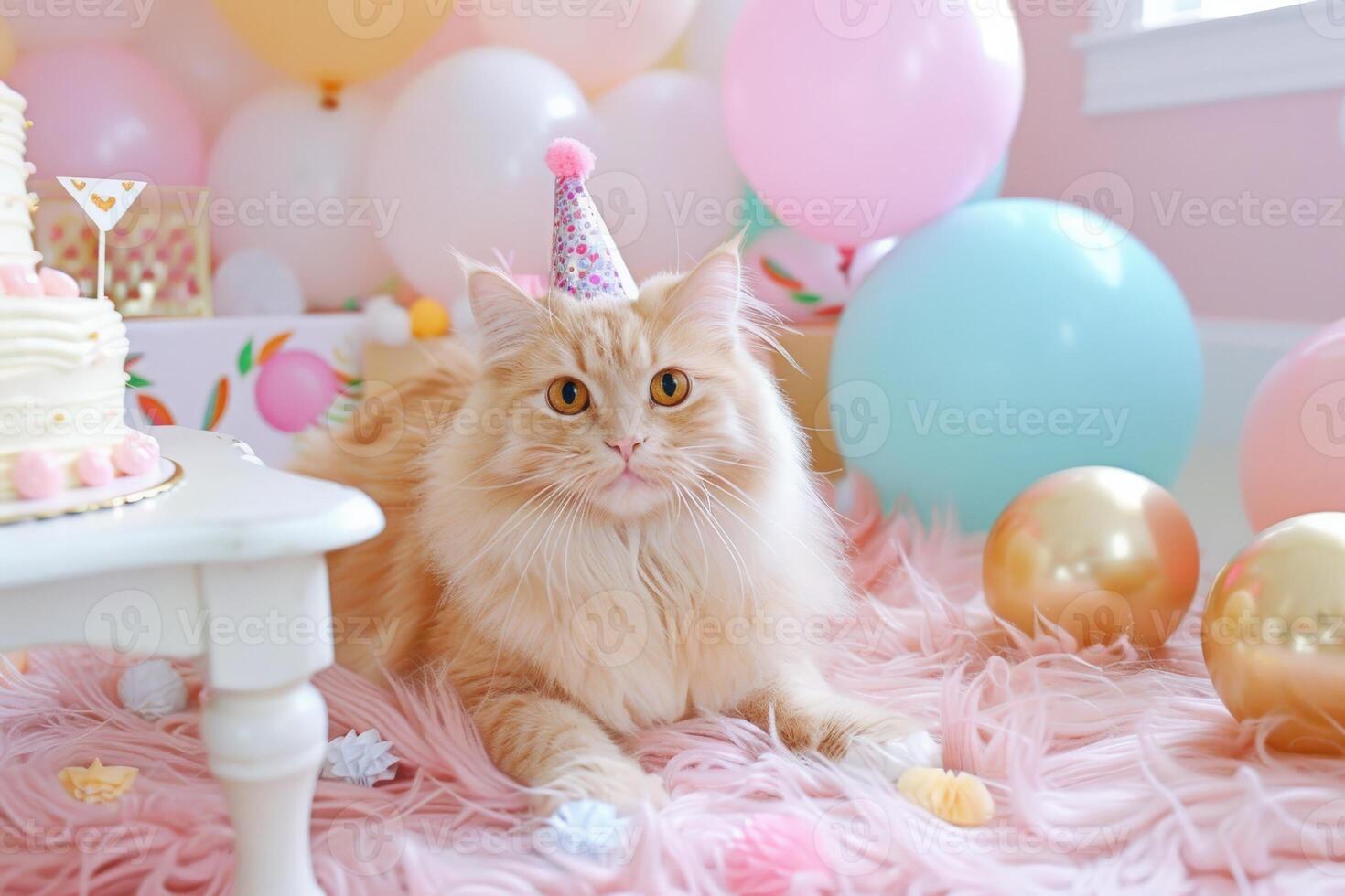 A fluffy kitten in a festive hat lounges amidst vibrant balloons and a charming birthday cake, celebrating joyfully. photo
