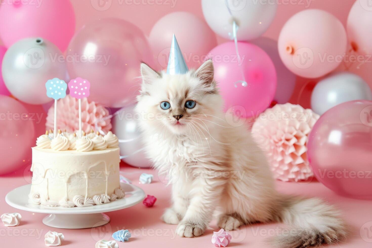 A charming kitten wears a party hat next to a delicious cake surrounded by colorful balloons, bringing joy to the birthday celebration. photo