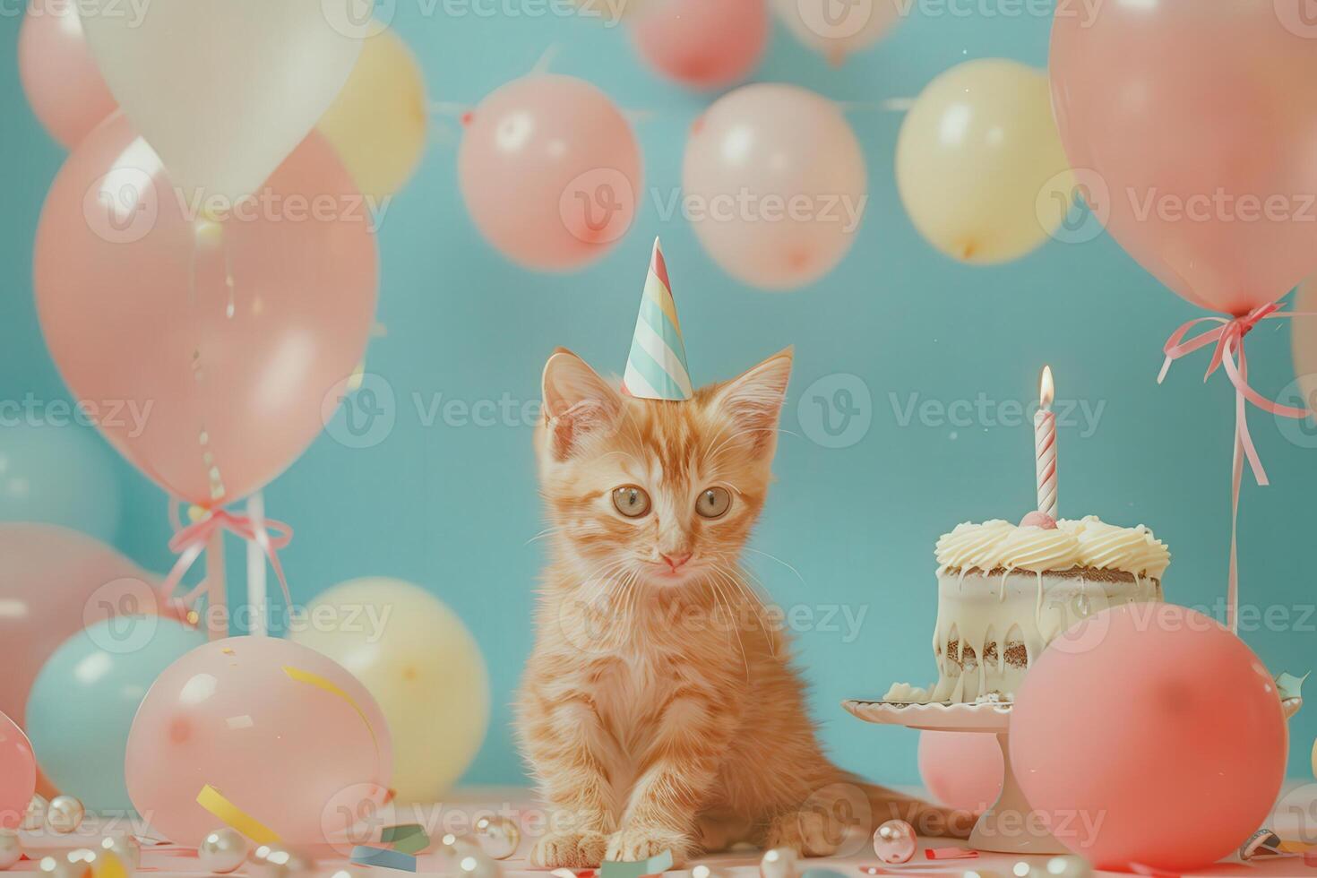 A playful kitten wears a party hat, surrounded by colorful balloons and a delicious birthday cake, creating a joyful celebration atmosphere. photo