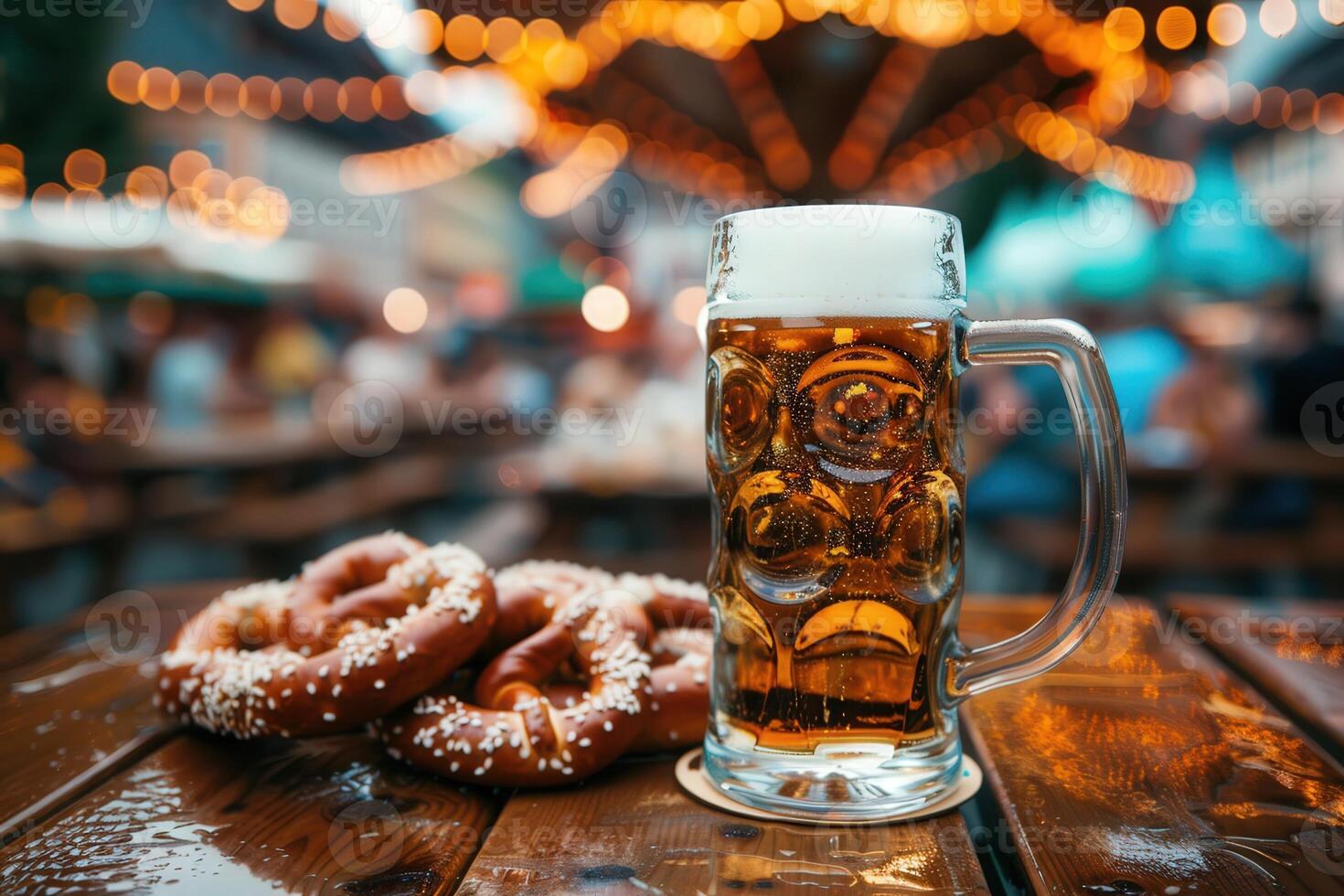 Enjoy the festive atmosphere filled with laughter, beer mugs, and delicious pretzels under twinkling lights. photo