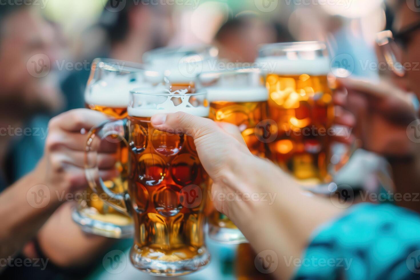 Friends gather joyfully, toasting with large beer mugs while enjoying delicious pretzels at a lively Bavarian festival. photo