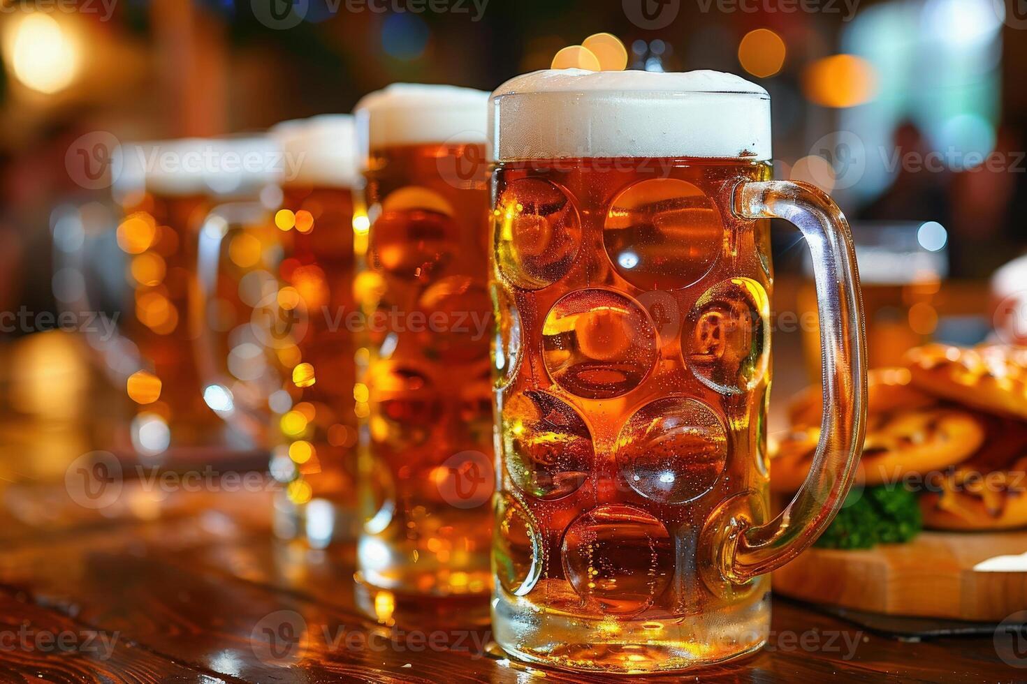 A lively parade unfolds with vibrant decorations, as participants enjoy hearty pretzels and refreshing beer mugs, celebrating Oktoberfest with great enthusiasm. photo