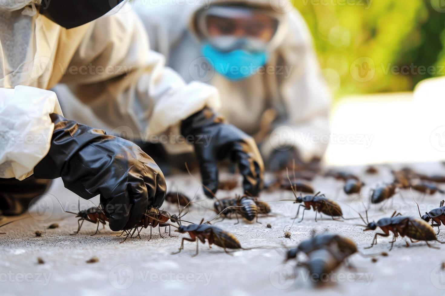 Technicians equipped in protective gear meticulously remove cockroaches from the ground, focusing on effective pest management. photo